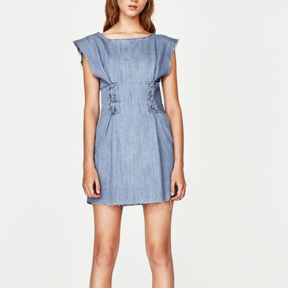 Zara Dress Corset Lace up Boho Chambray Denim Blue XS